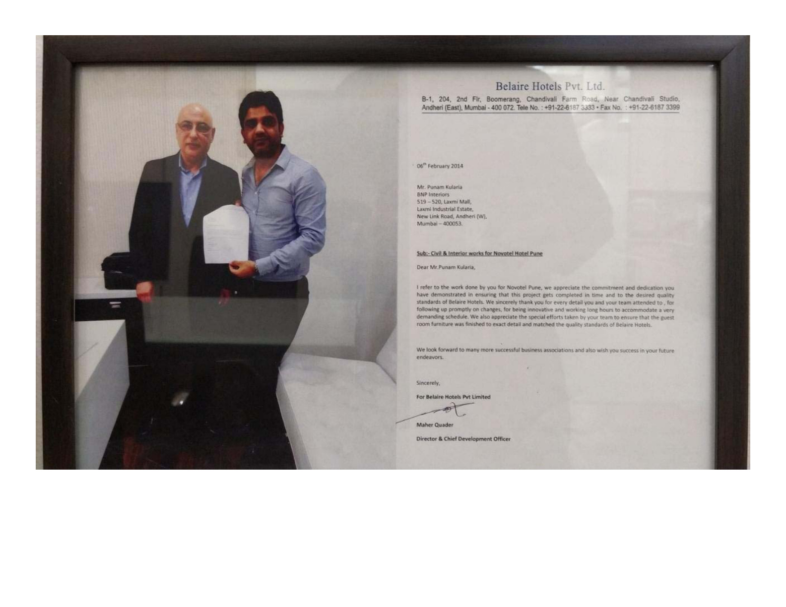 Belaire Hotels / Novotel - Letter of Appreciation