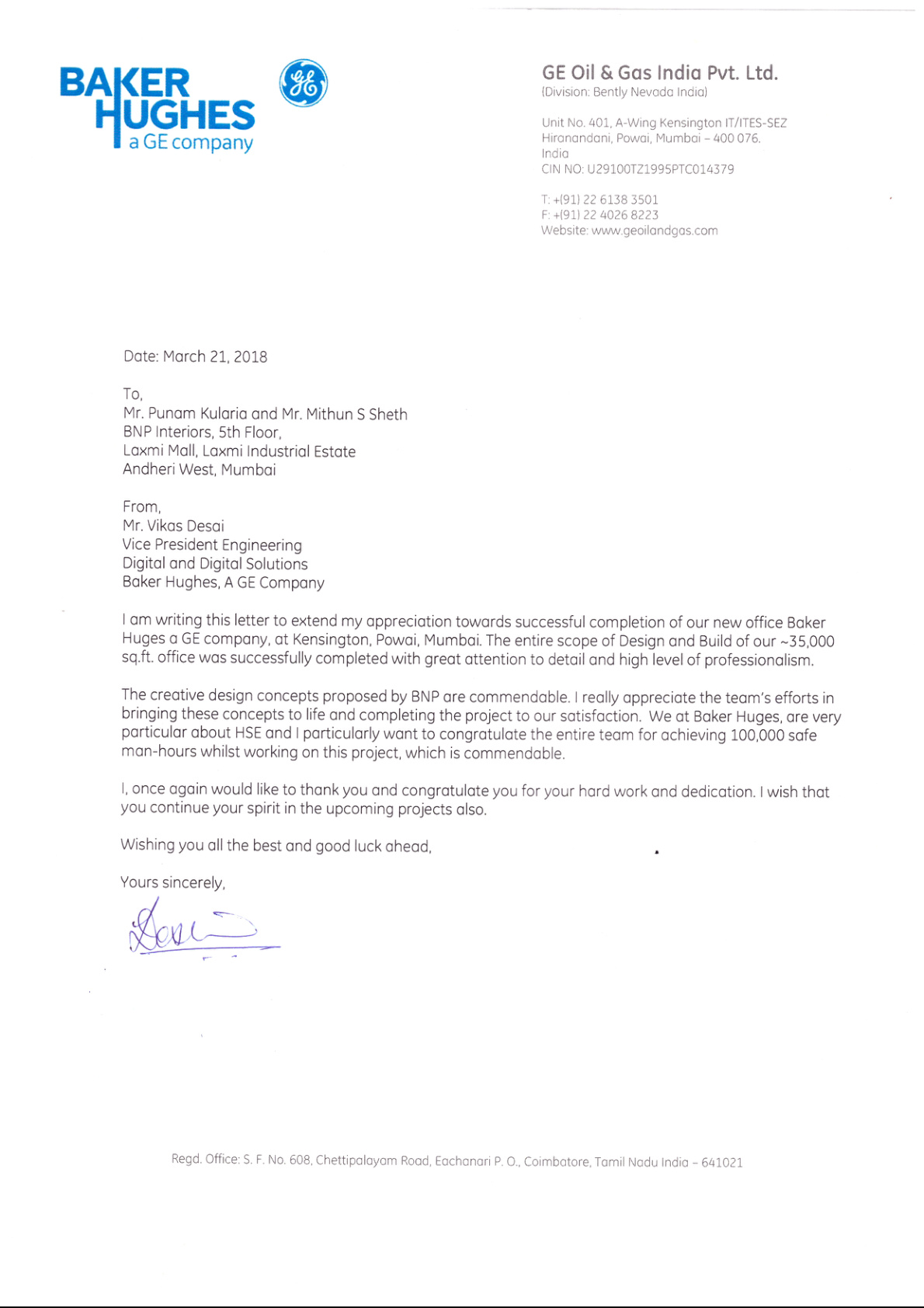 Baker Hughes (GE) - 100k Safe Man-Hours Award