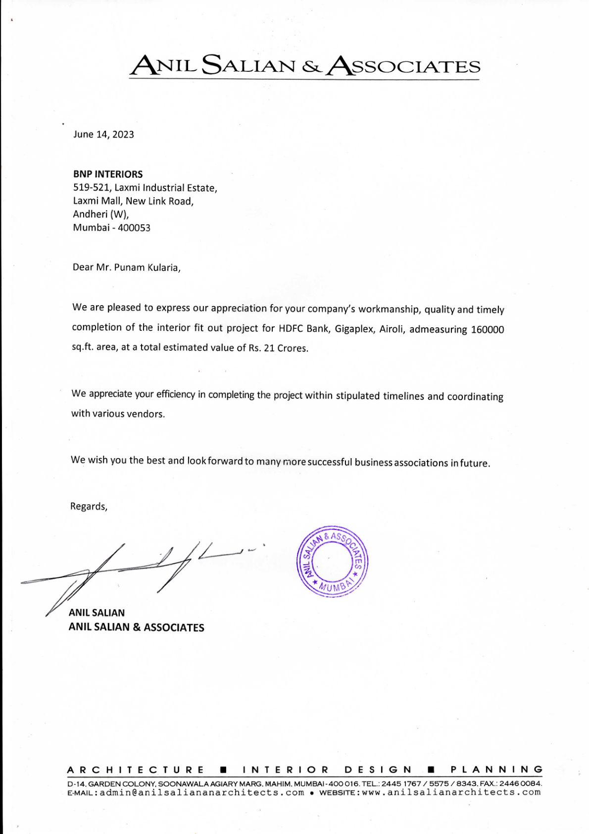 HDFC Bank (ASA) - Completion Certificate