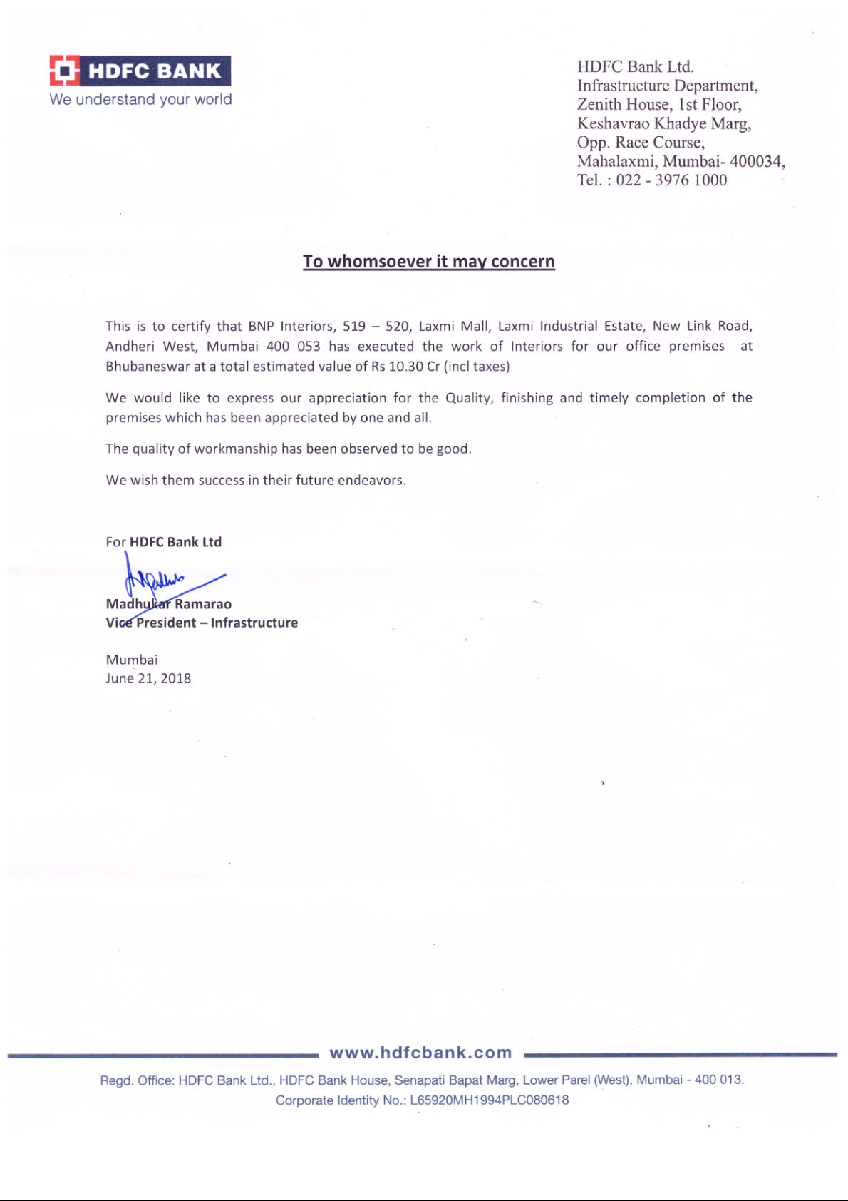 HDFC Bank - Appreciation Certificate