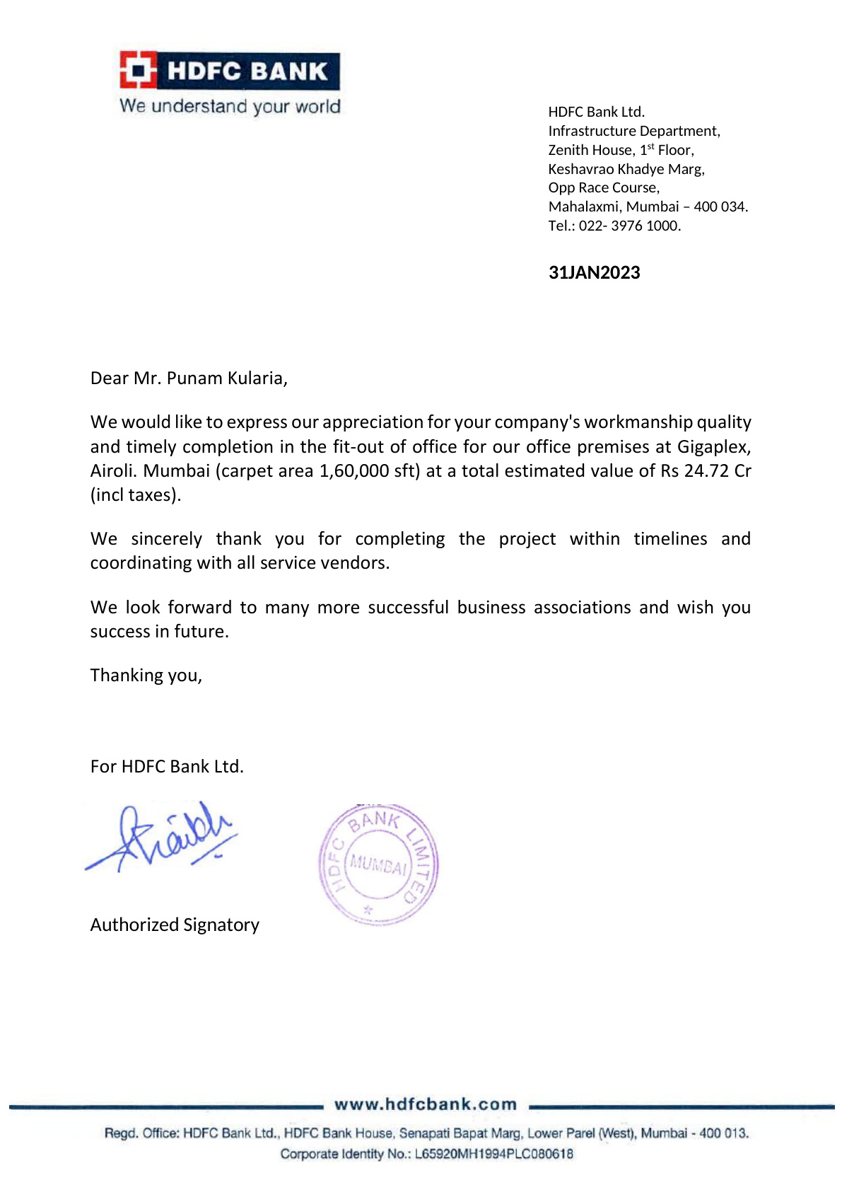 HDFC Bank - Appreciation Certificate