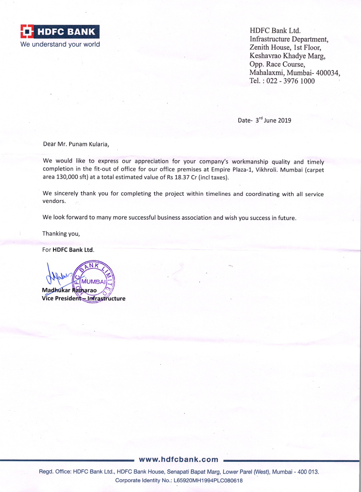HDFC Bank - Project Commendation
