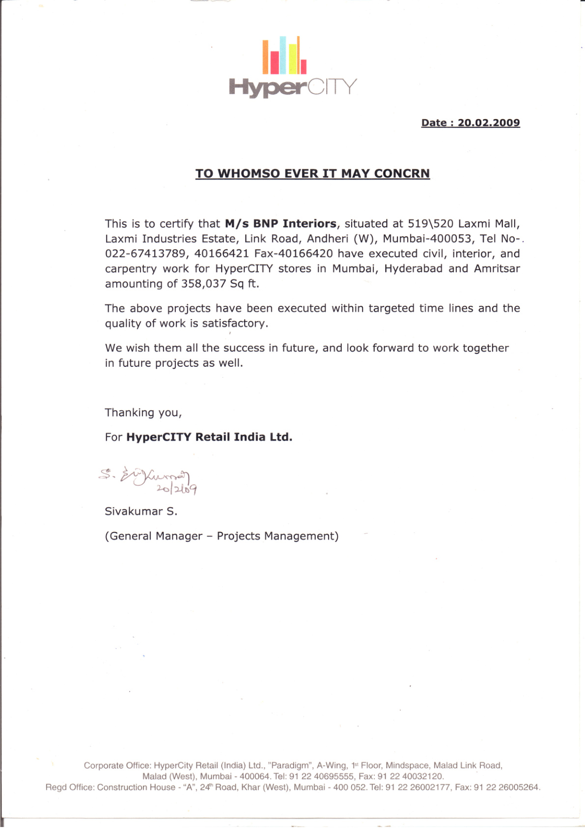 HyperCITY Retail - Completion Certificate