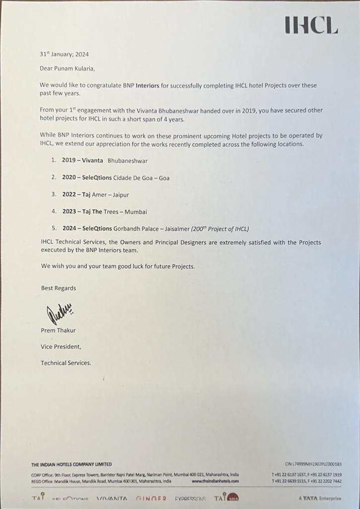 IHCL (Taj Hotels) - Letter of Appreciation