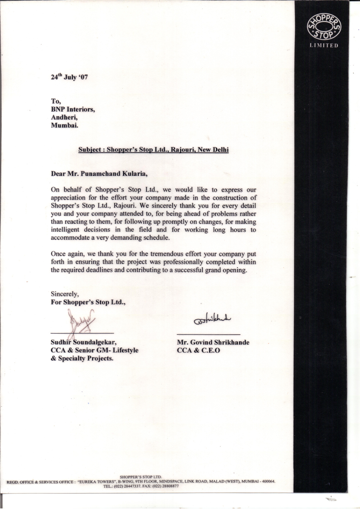 Shoppers Stop Ltd. - Letter of Appreciation