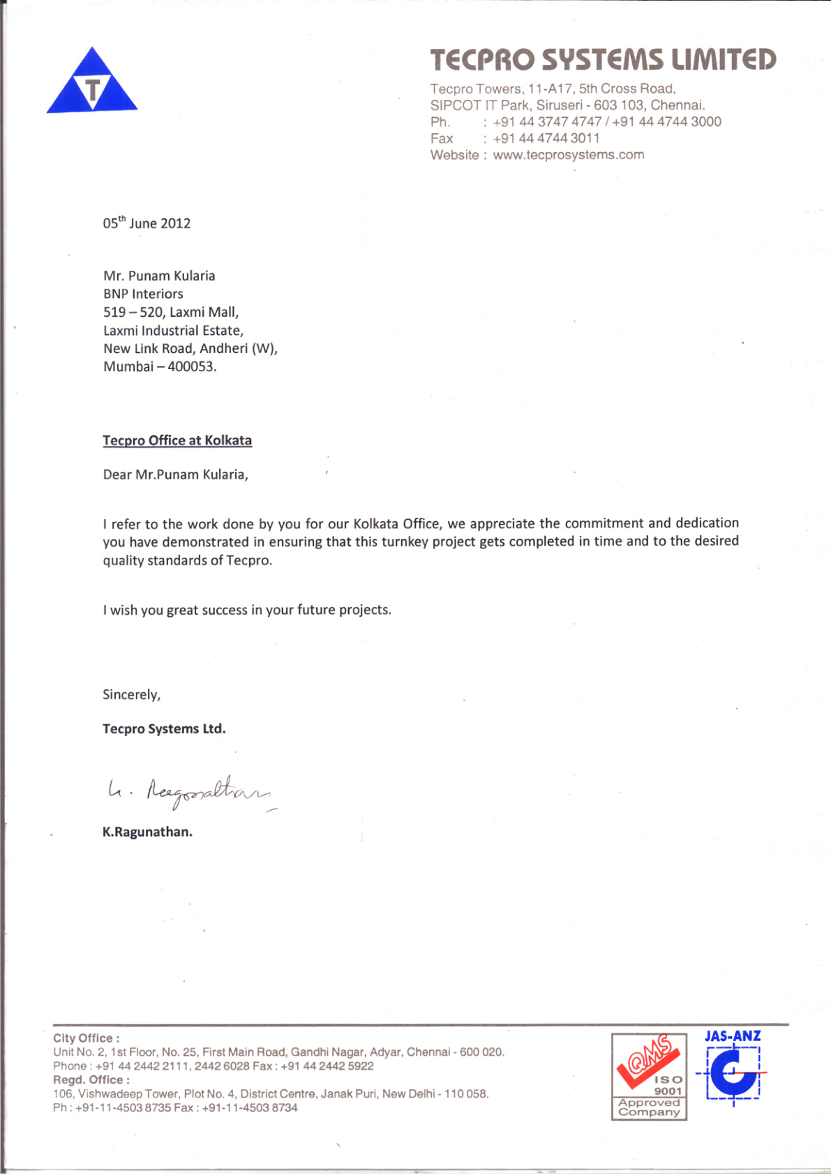 Tecpro Systems Ltd. - Completion Certificate